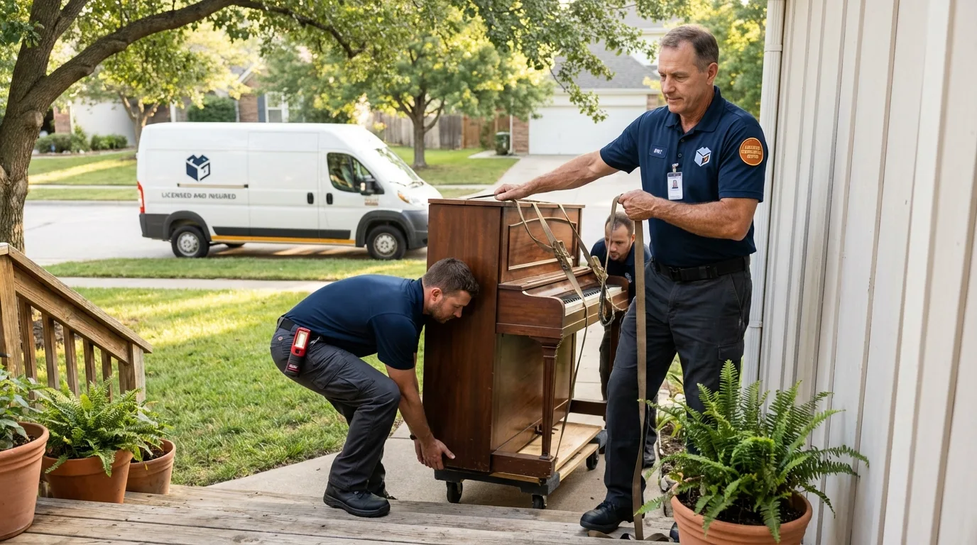 Licensed piano movers securing grand piano in Sun City West, AZ