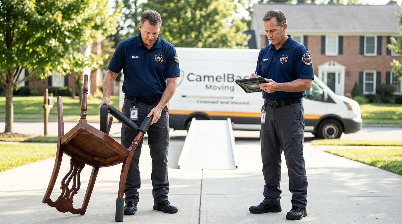 Movers inspecting furniture for damage prevention before loading in Sun City West, AZ