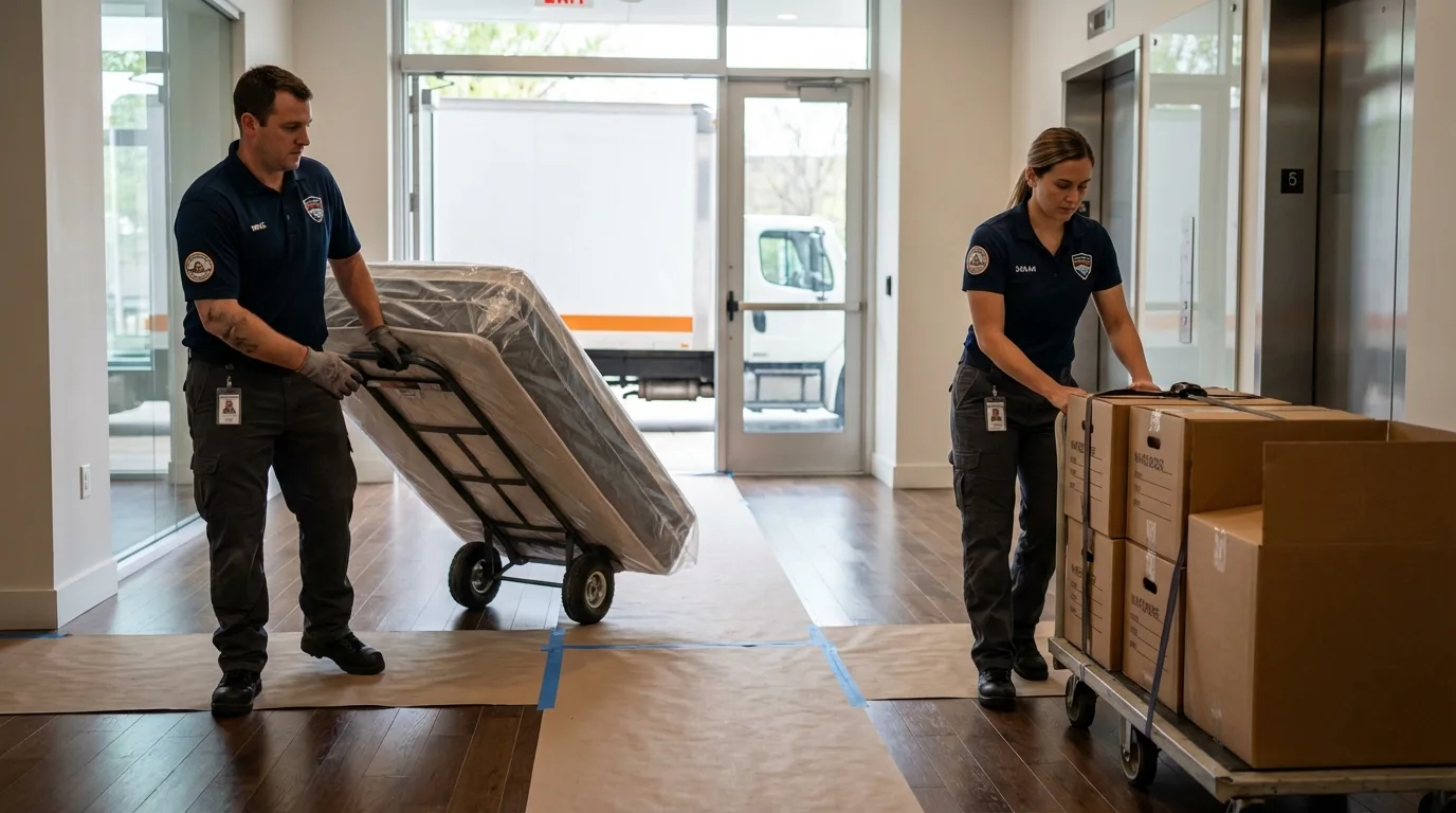Professional apartment movers loading elevator in Sun City West, AZ
