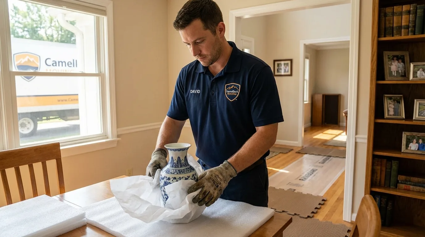 Professional crew carefully wrapping antique vase for senior downsizing move in Sun City West, AZ